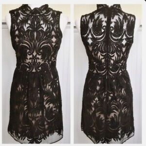 Yoana Baraschi Black Swirled Mesh Mock Neck Cocktail Dress